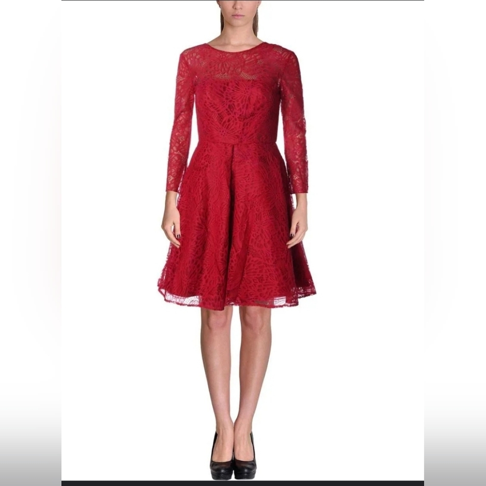 ML Monique L’Huillier Brigitte Lace Fit Flare Dress Lipstick Red Cocktail Size 2